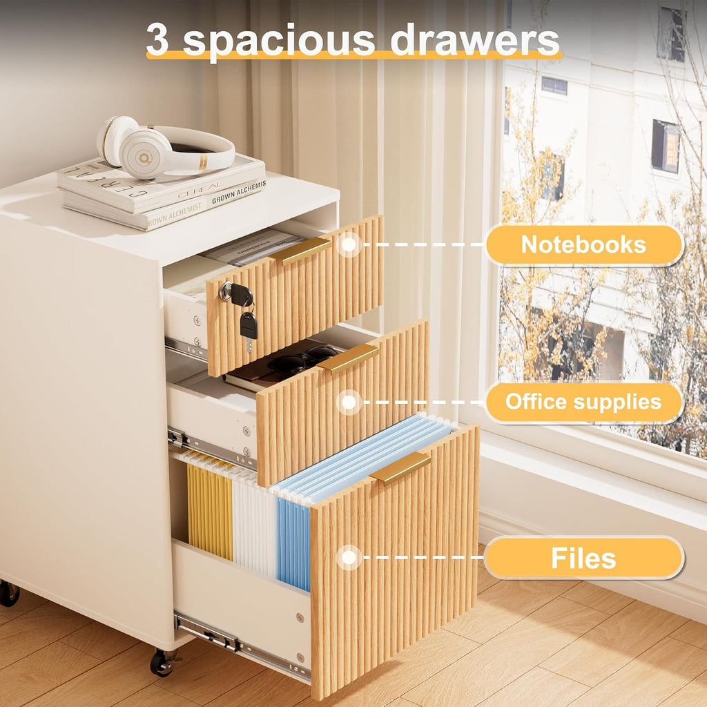 Oak 3-Drawer Locking Rolling File Cabinet