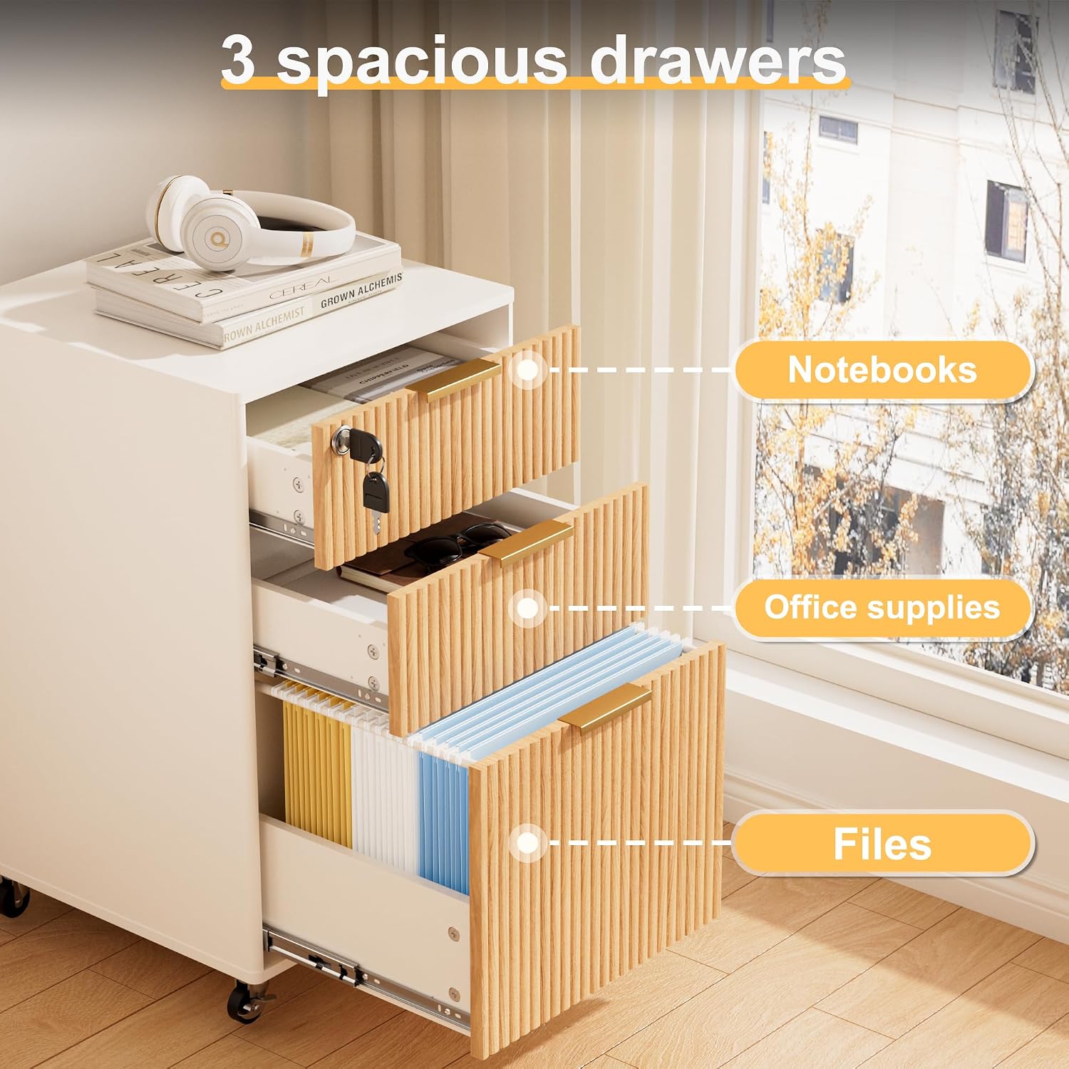 Oak 3-Drawer Locking Rolling File Cabinet