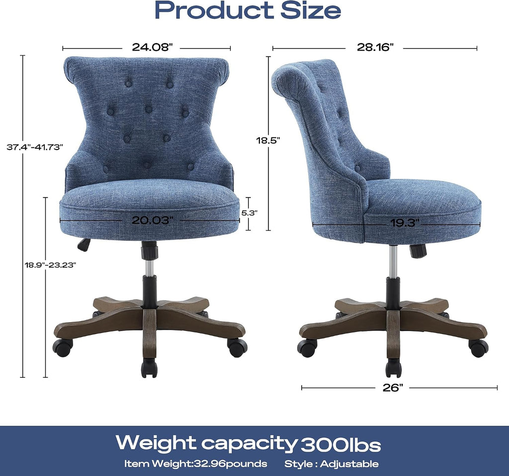 Blue Linen Swivel Armless Office Chair