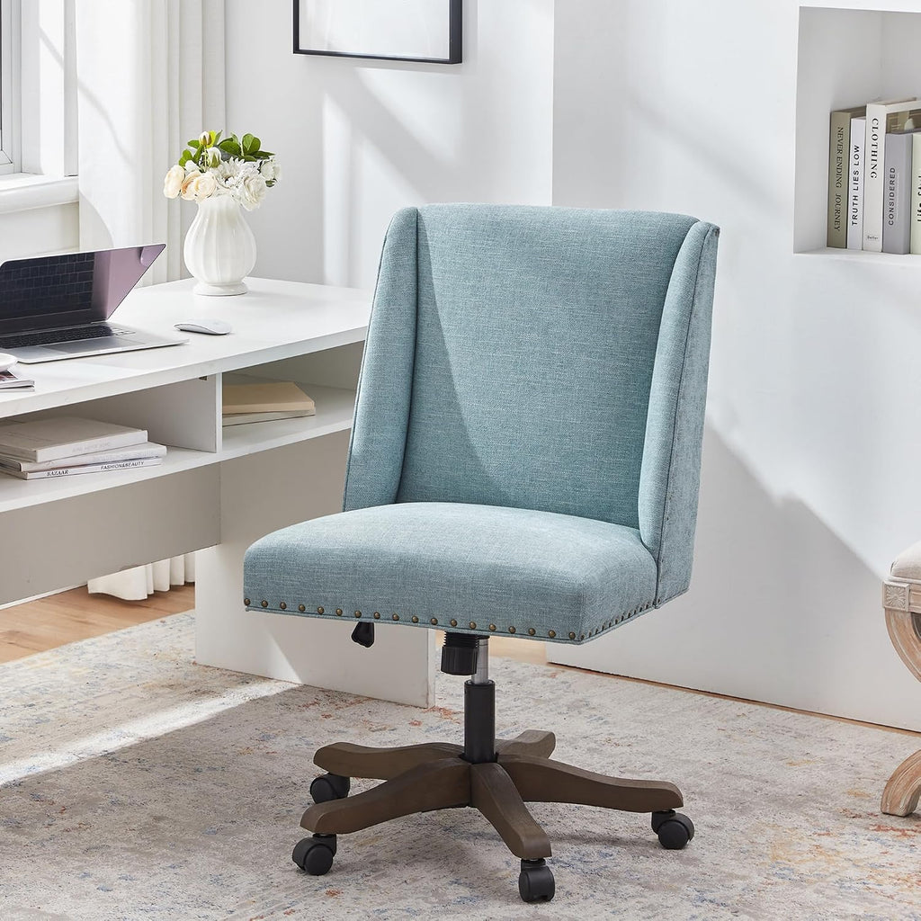 Teal Armless Swivel Wooden Leg Office Chair