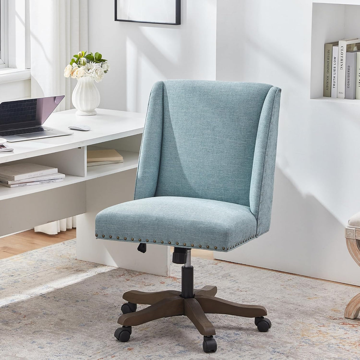Teal Armless Swivel Wooden Leg Office Chair