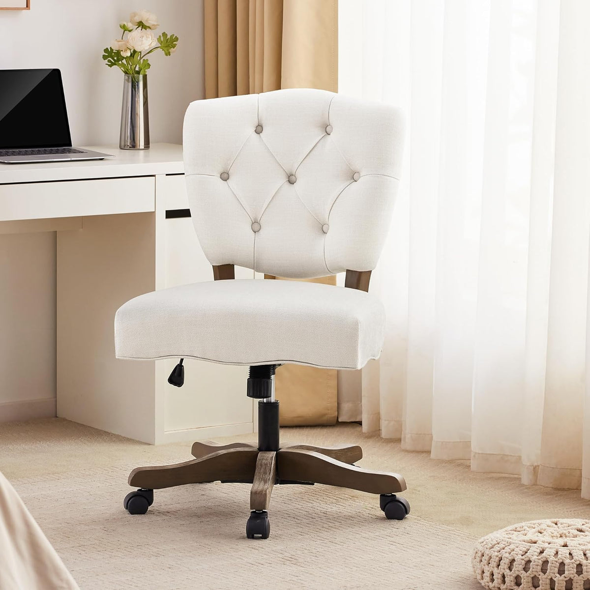 Beige Chenille Tufted Swivel Desk Chair