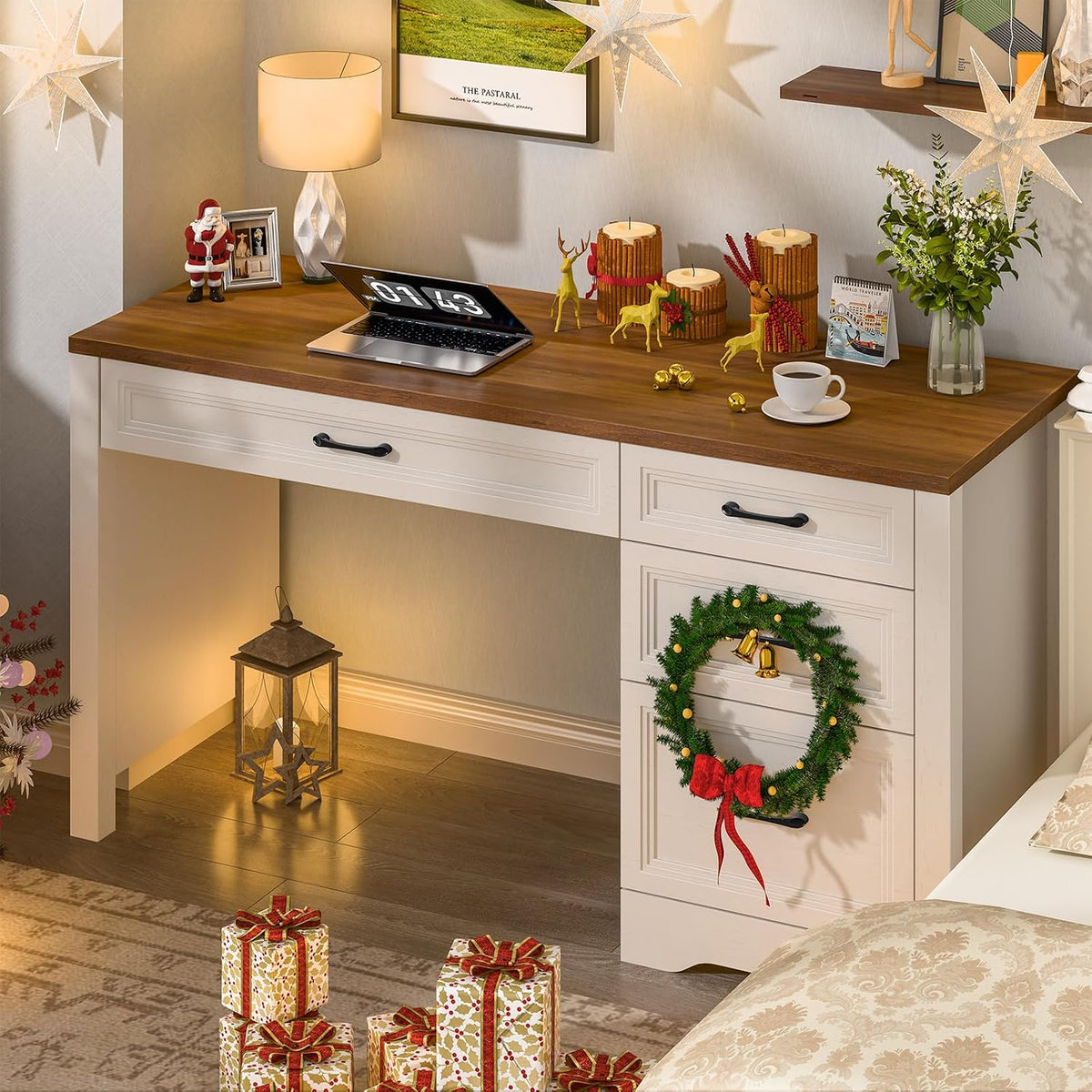 White Farmhouse Desk with File Drawer
