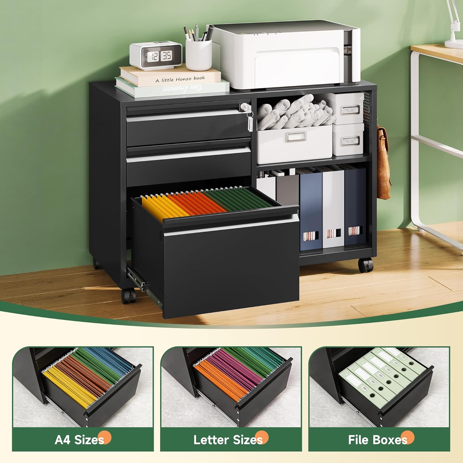 Black 3-Drawer Locking Rolling File Cabinet