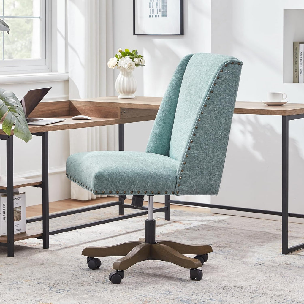 Teal Armless Swivel Wooden Leg Office Chair