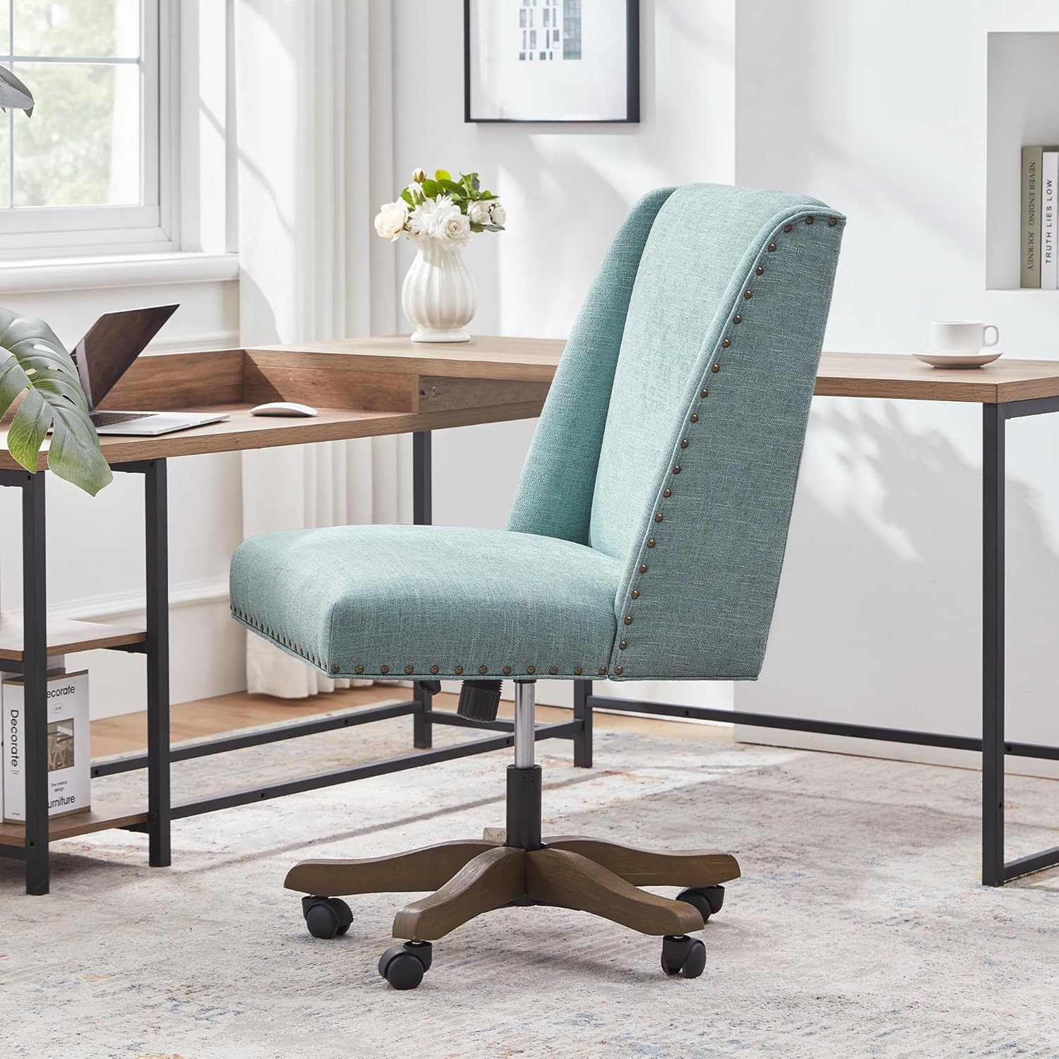 Teal Armless Swivel Wooden Leg Office Chair