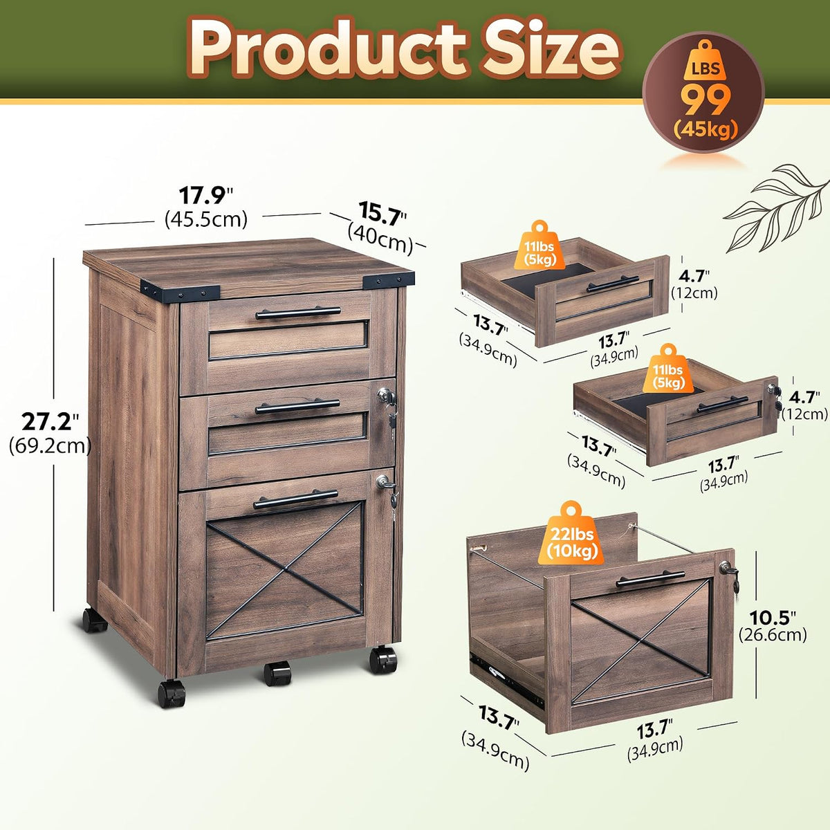 Dark Brown 3-Drawer Rolling File Cabinet