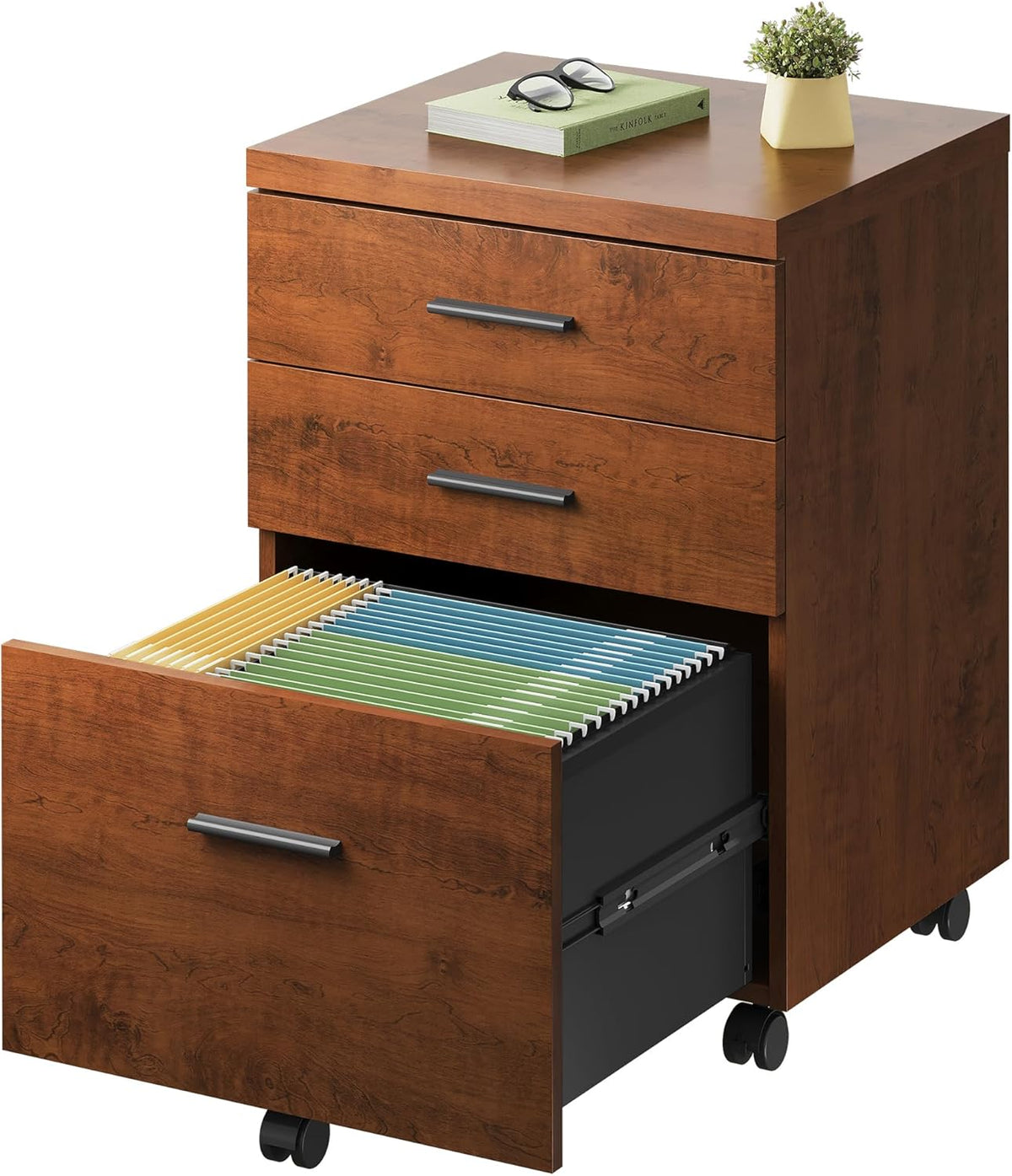 Walnut 3-Drawer Rolling File Cabinet