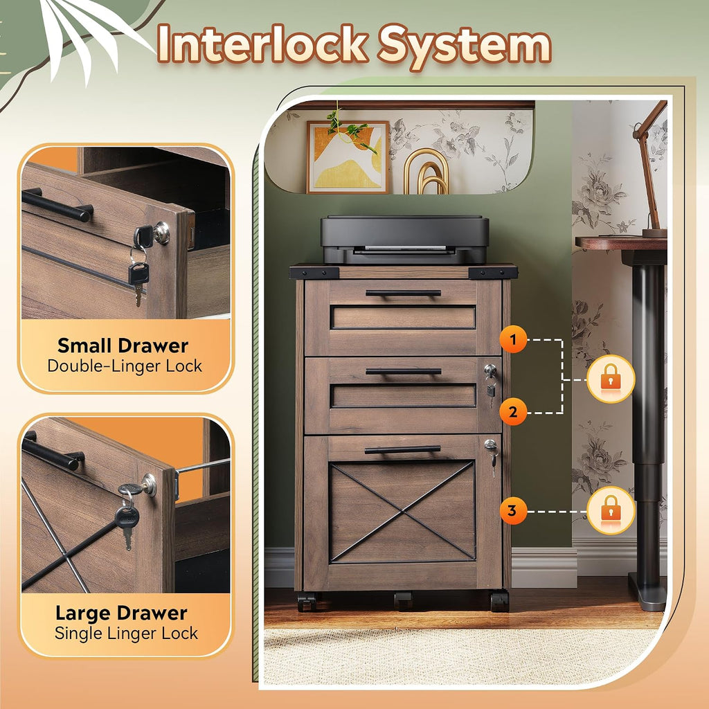 Dark Brown 3-Drawer Rolling File Cabinet