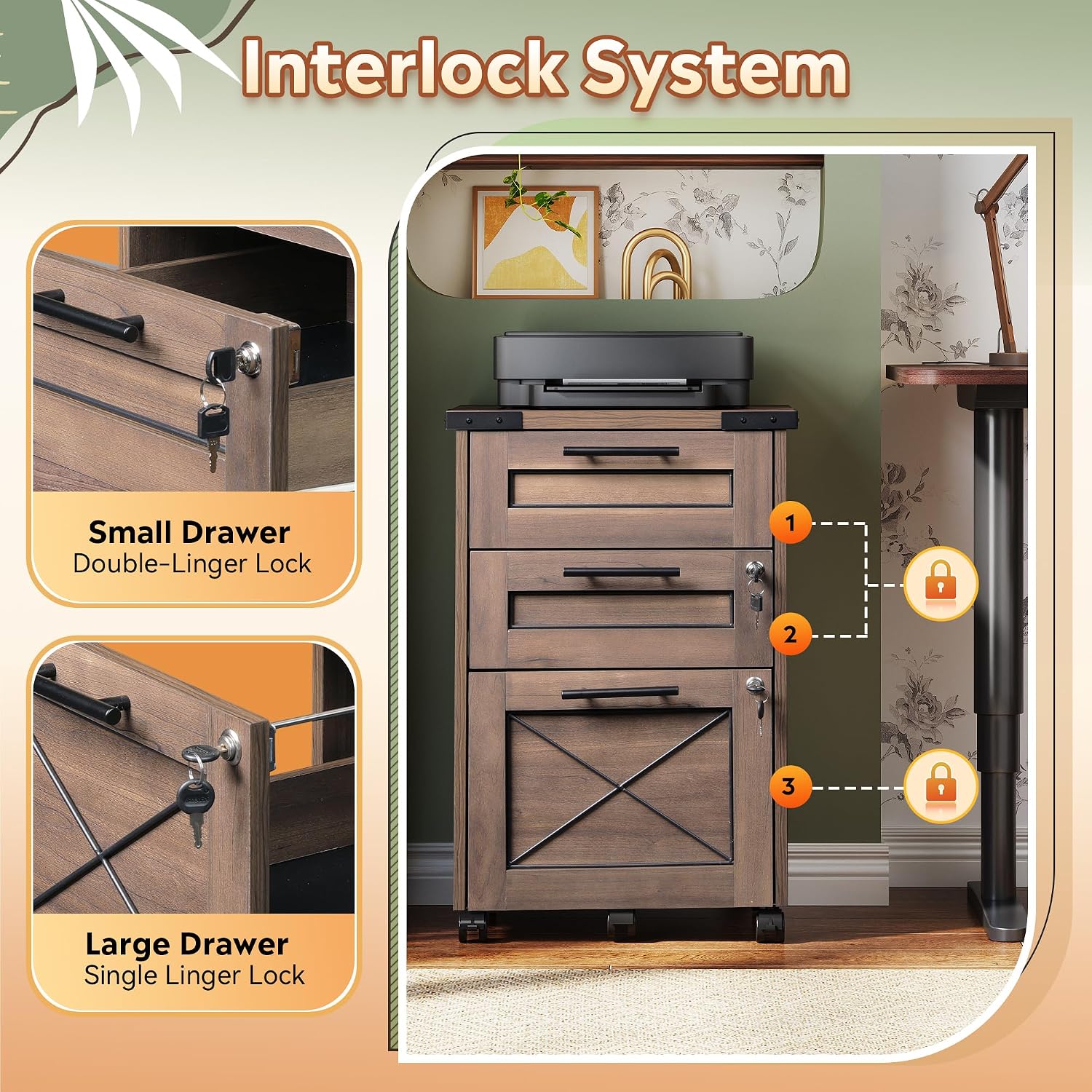 Dark Brown 3-Drawer Rolling File Cabinet