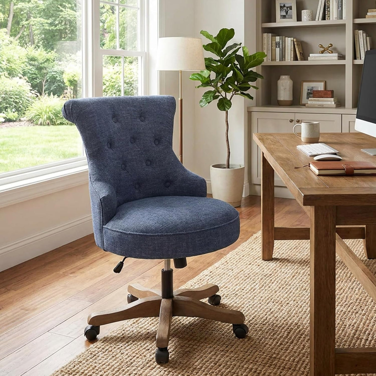 Blue Linen Swivel Armless Office Chair
