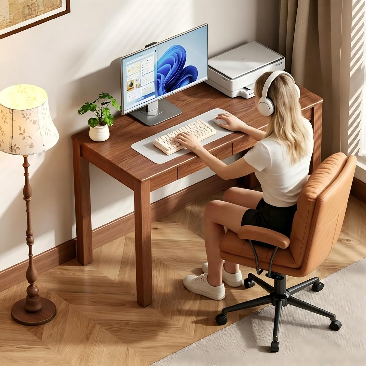 Walnut 45" Wood Desk with Drawers