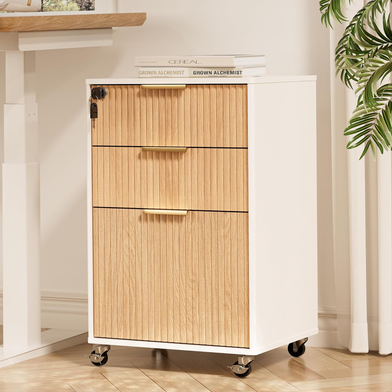 Oak 3-Drawer Locking Rolling File Cabinet