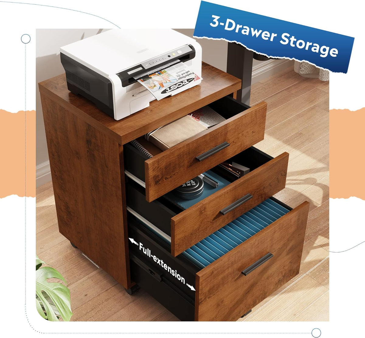 Walnut 3-Drawer Rolling File Cabinet
