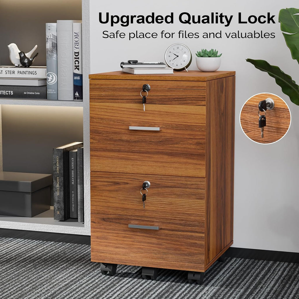 Walnut 2-Drawer Locking Rolling File Cabinet