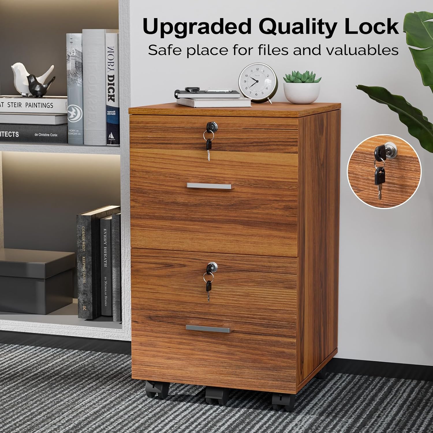 Walnut 2-Drawer Locking Rolling File Cabinet