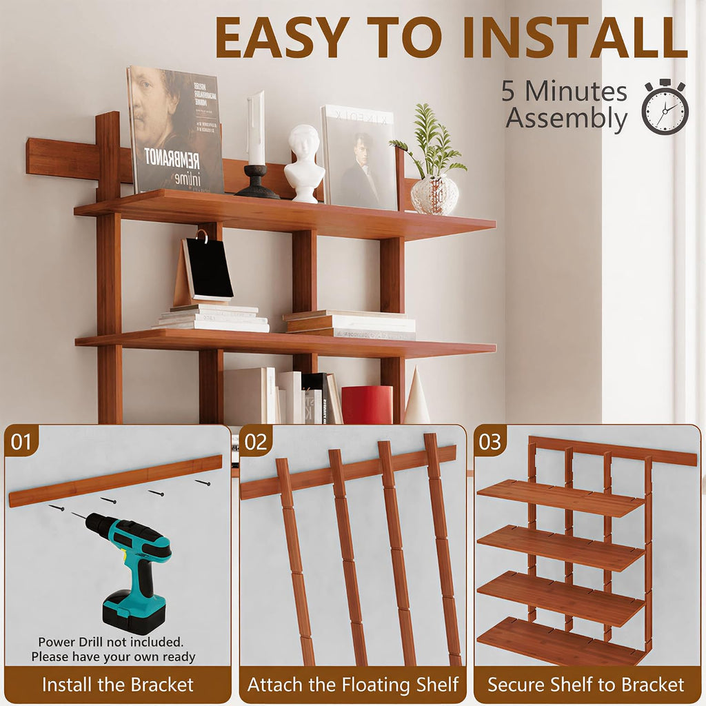 4-Tier Bamboo Rustic Brown Bookshelf