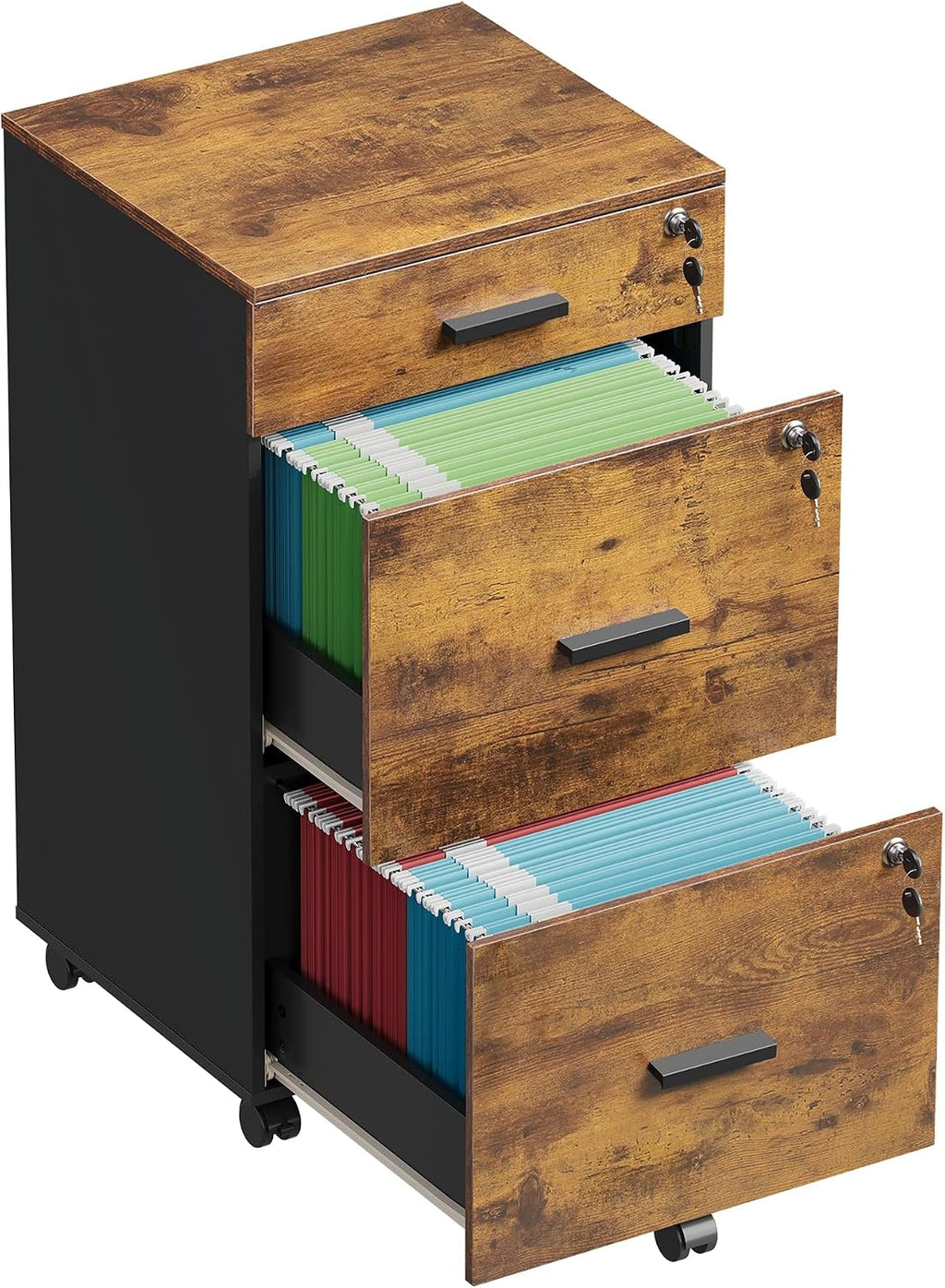 Brown 3-Drawer Locking Wood File Cabinet