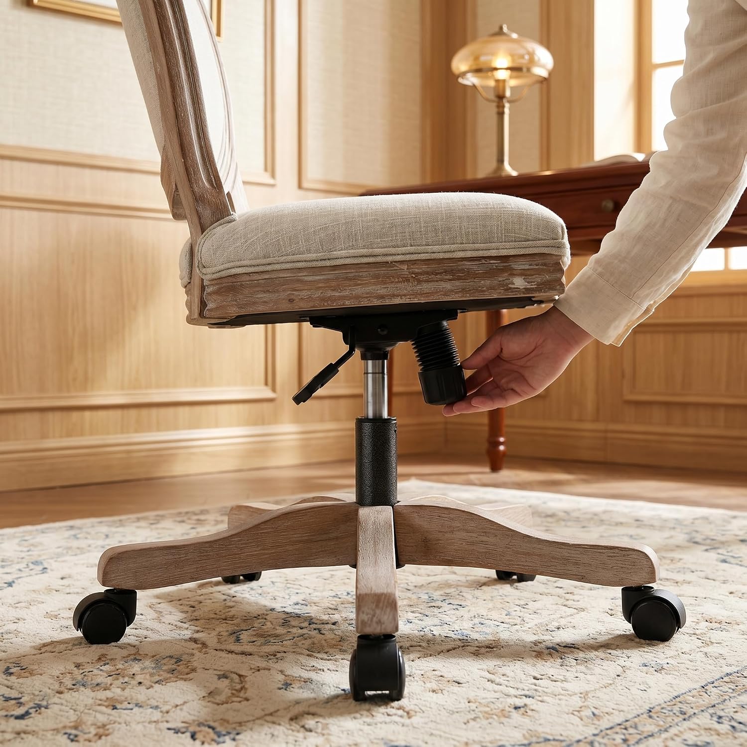 Beige Linen Wood Swivel Office Chair