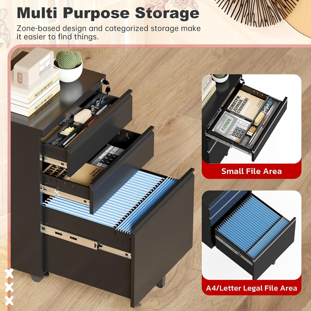 Black 3-Drawer Metal Rolling File Cabinet
