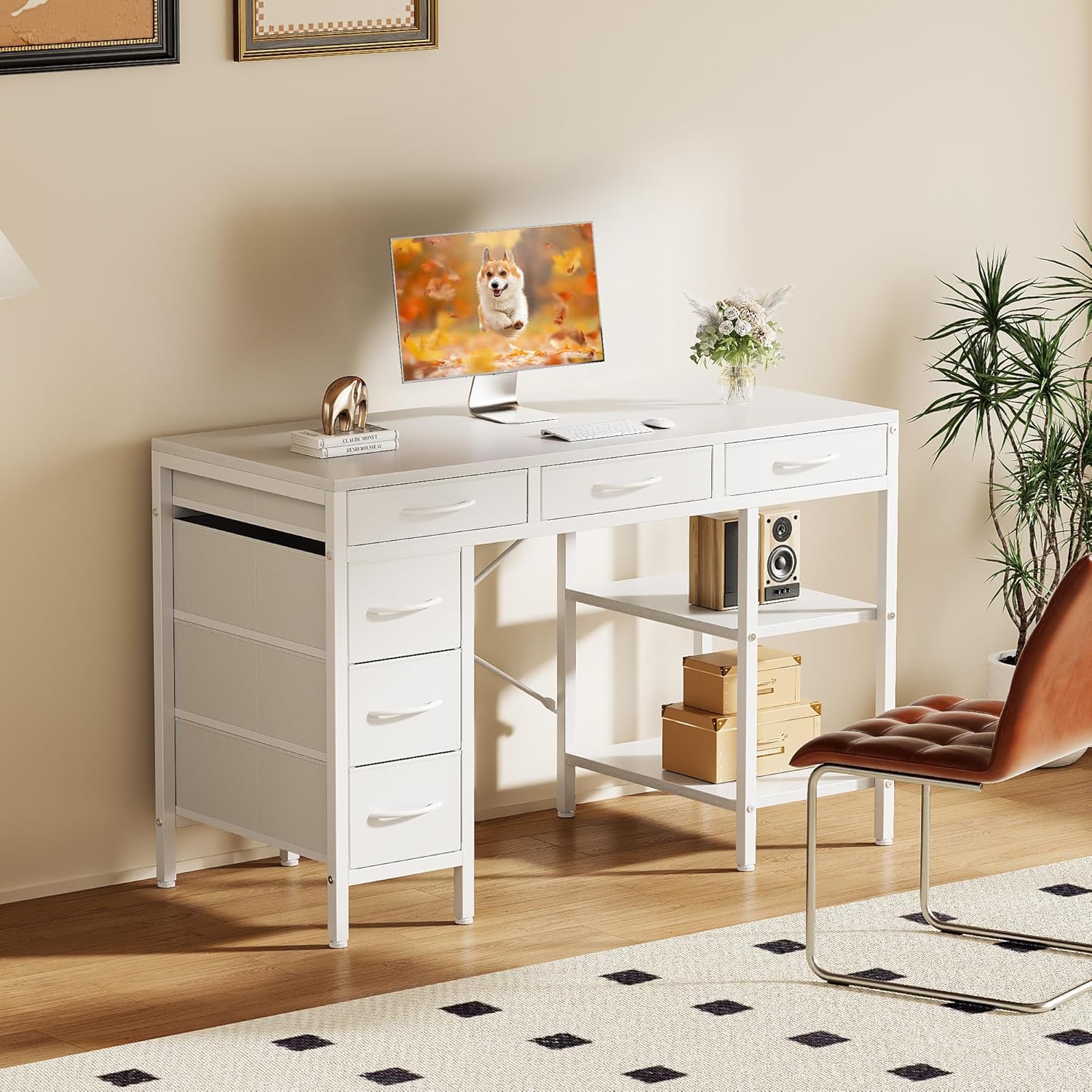 White 47" Desk with Drawers & Shelves