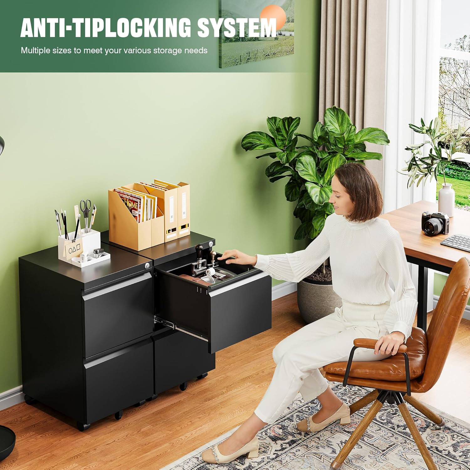 Black 2-Drawer Locking Rolling File Cabinet