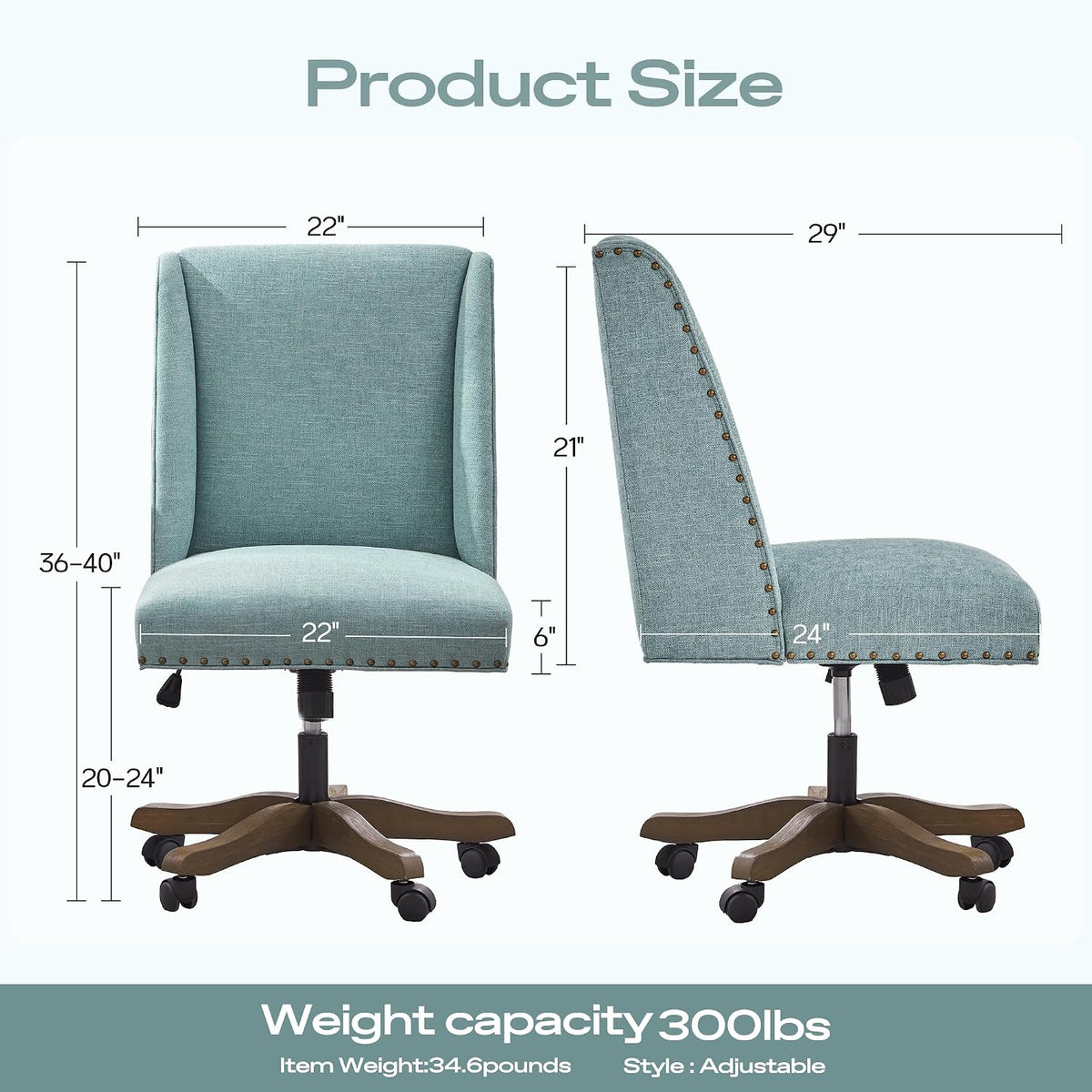 Teal Armless Swivel Wooden Leg Office Chair