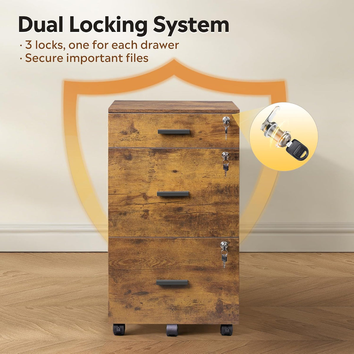 Brown 3-Drawer Locking Wood File Cabinet