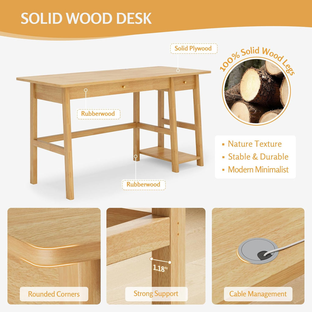Oak 58" Wood Desk with Drawer