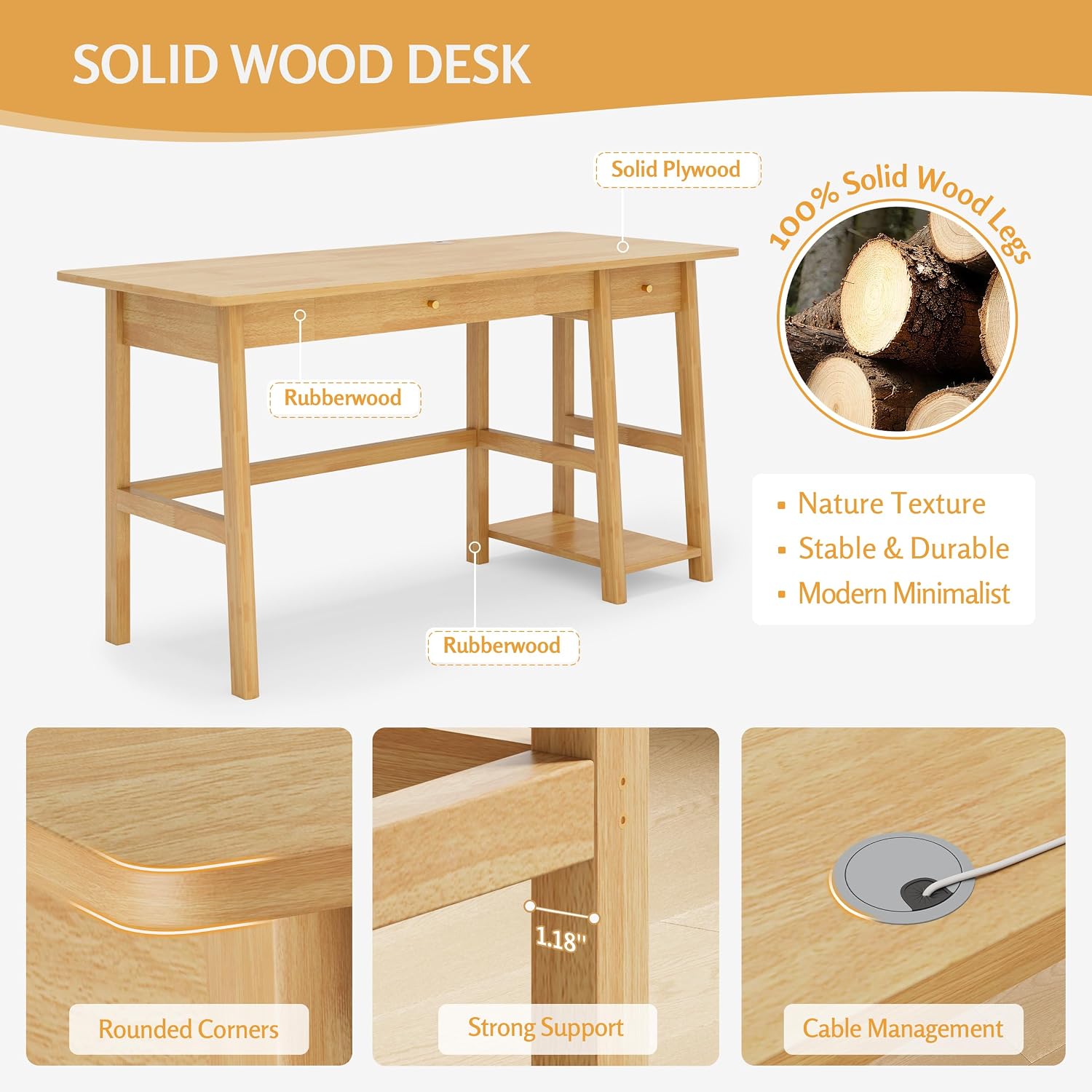 Oak 58" Wood Desk with Drawer