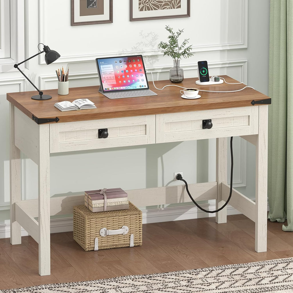 White 39" Desk with Drawers & Outlets