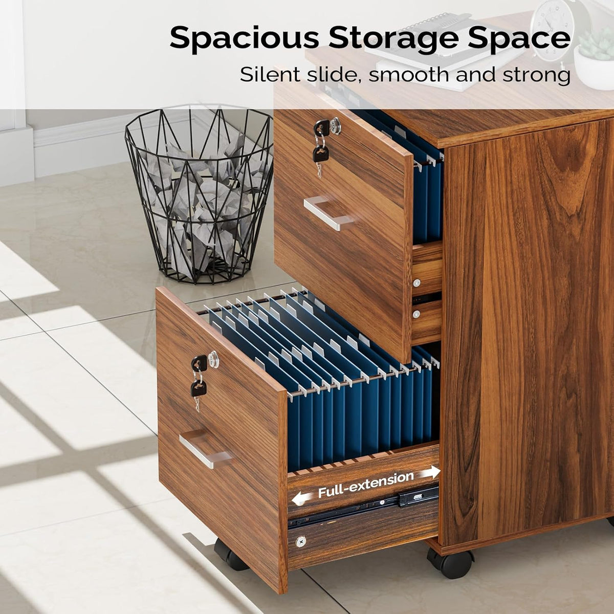 Walnut 2-Drawer Locking Rolling File Cabinet