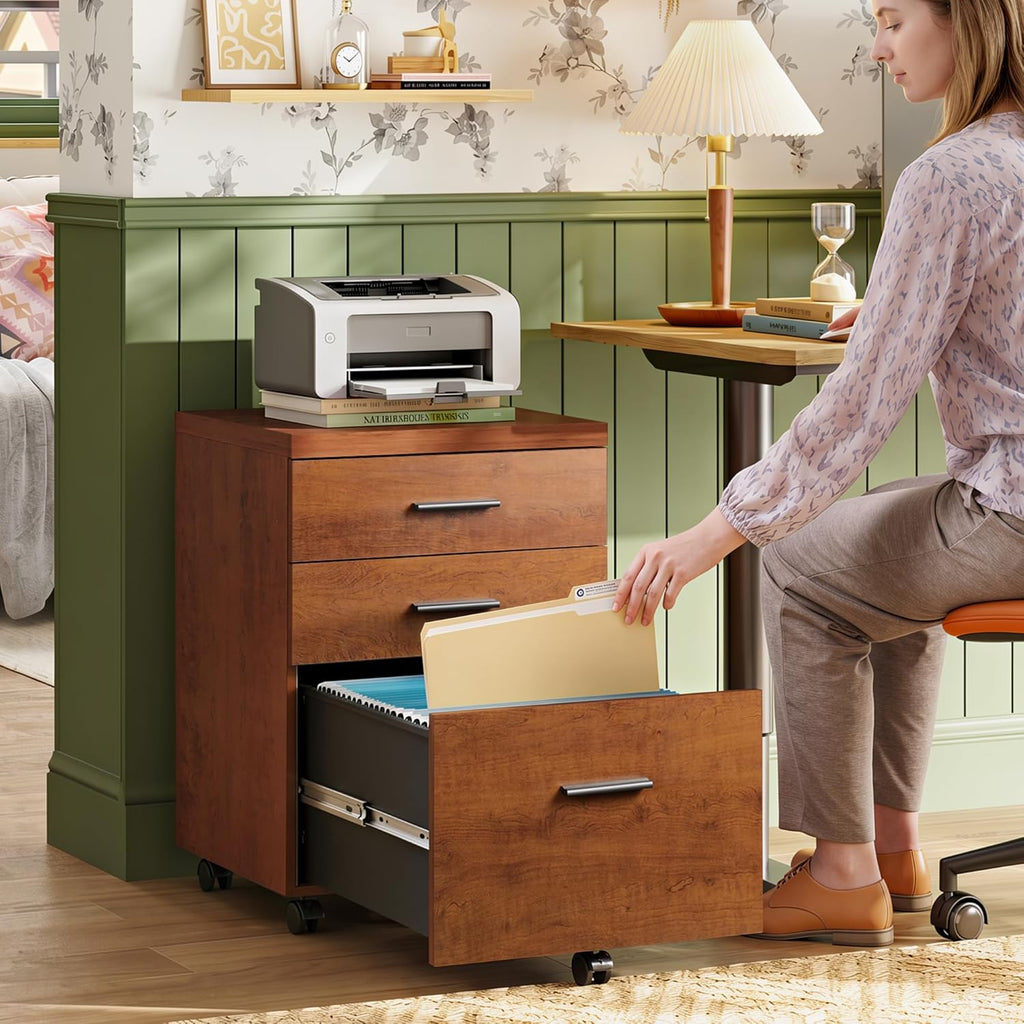 Walnut 3-Drawer Rolling File Cabinet