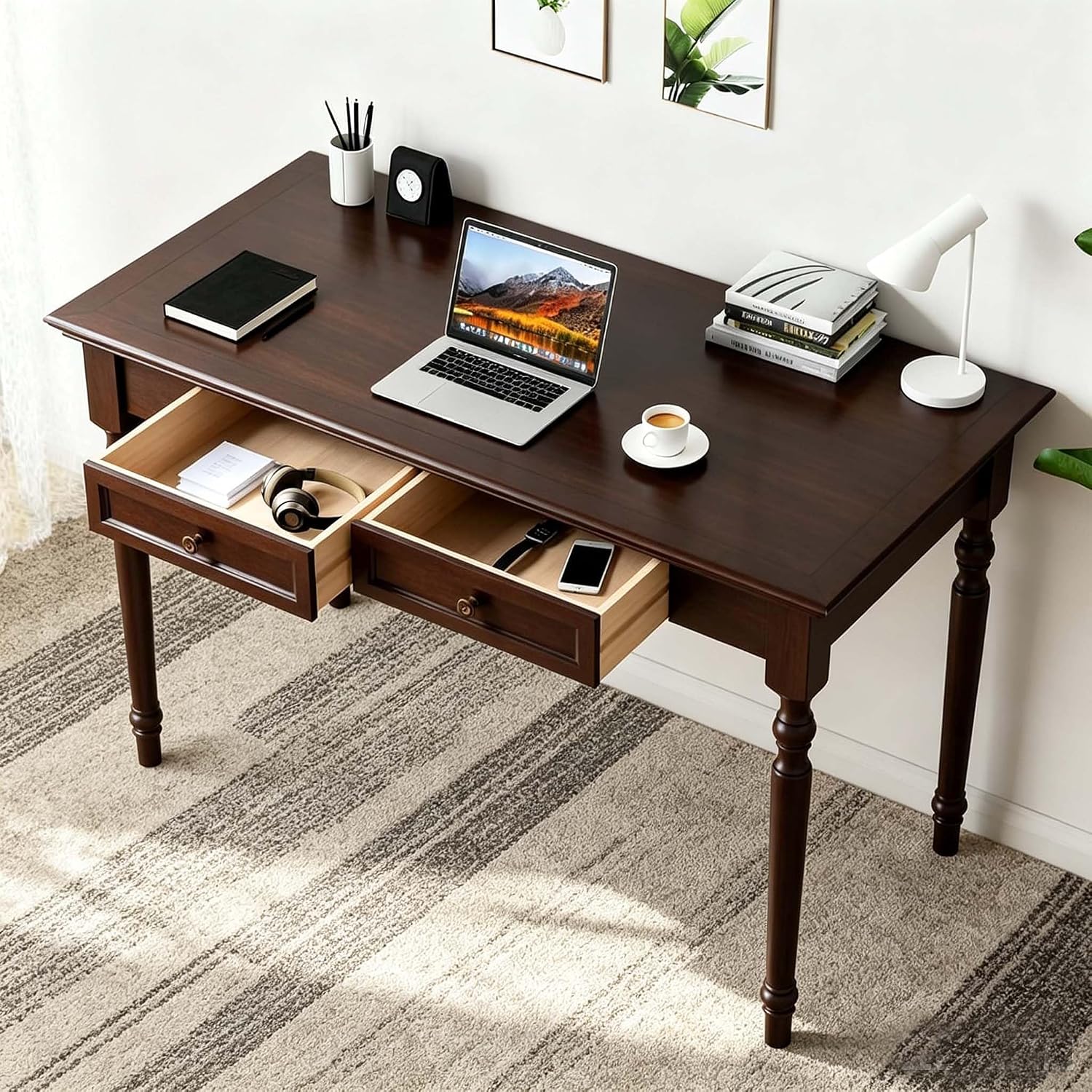 Walnut 47" Wood Desk with Drawers