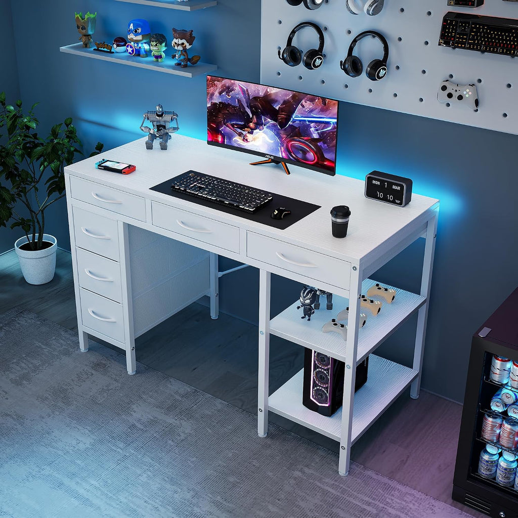 White 47" Desk with Drawers & Shelves