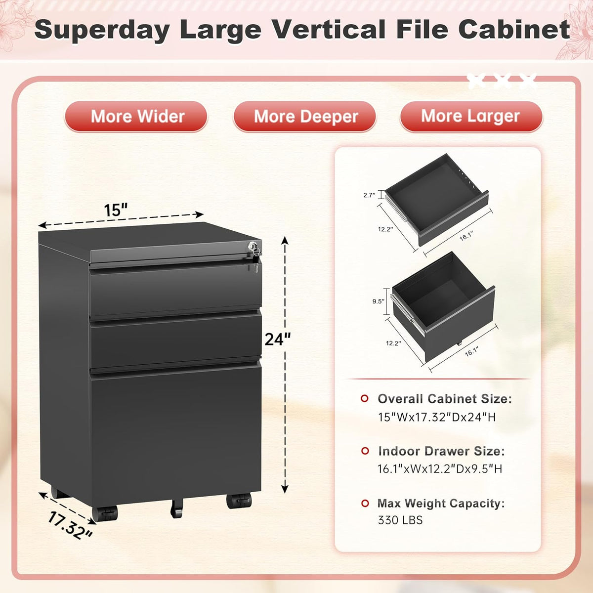 Black 3-Drawer Metal Rolling File Cabinet