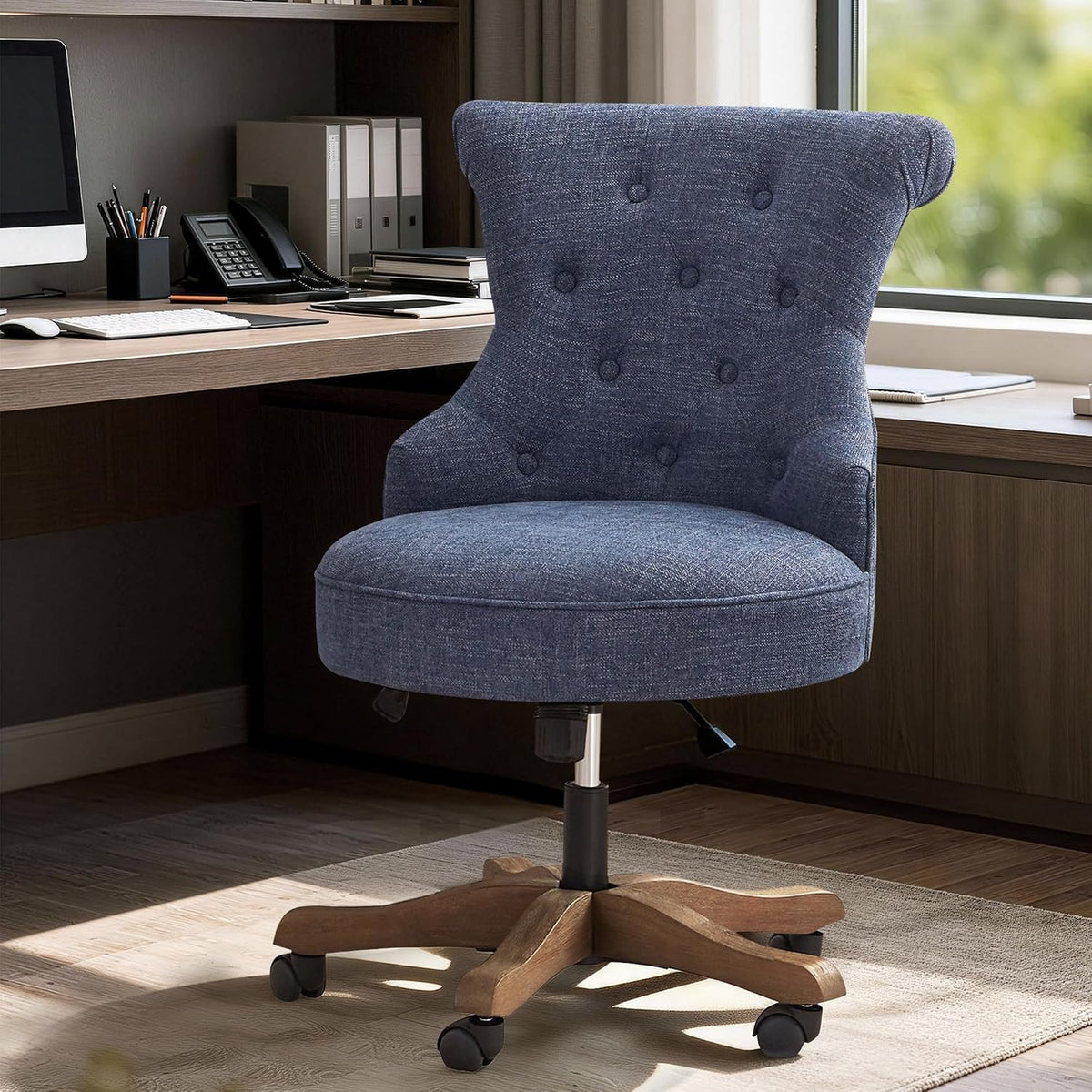 Blue Linen Swivel Armless Office Chair