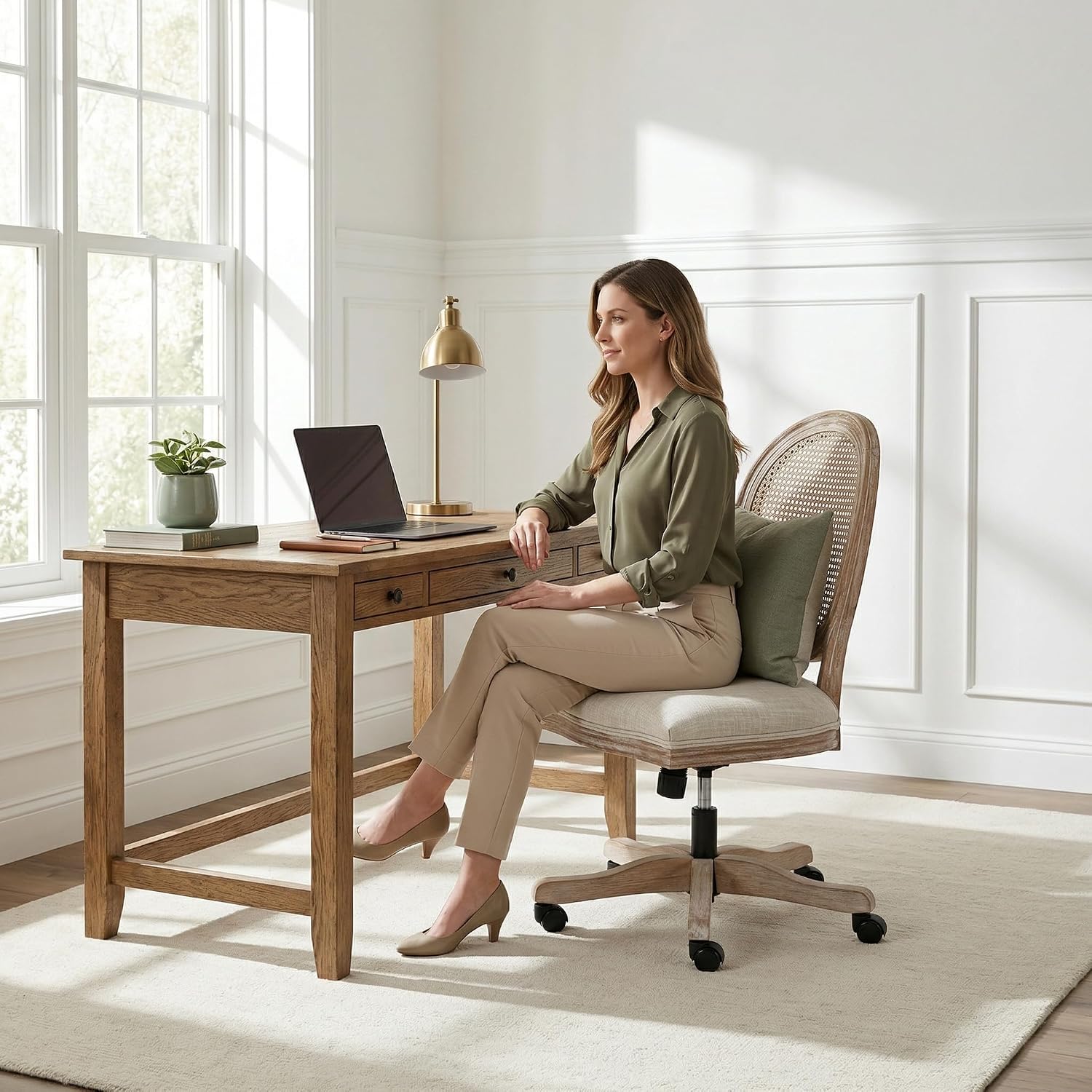 Beige Rattan Linen Swivel Office Chair