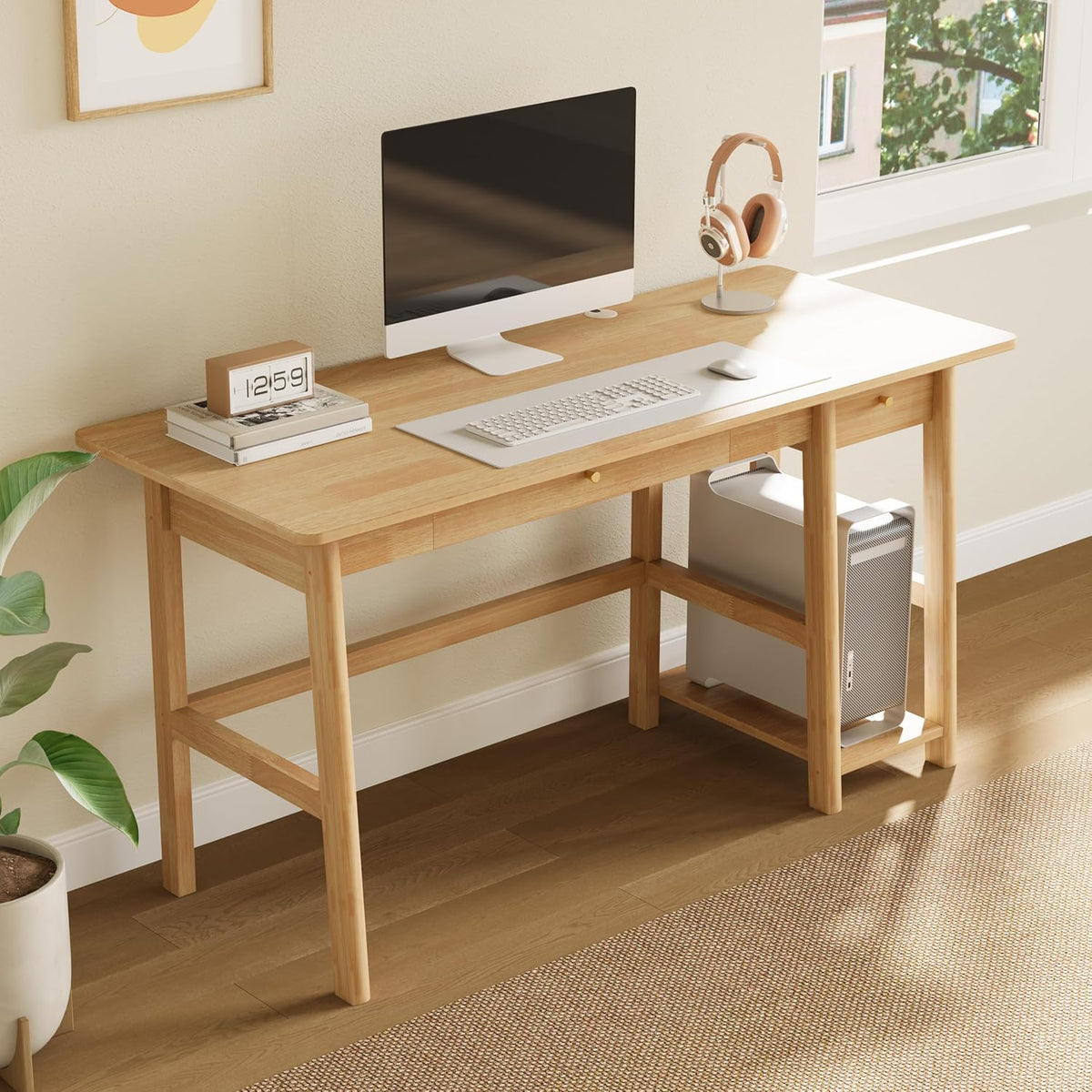 Oak 58" Wood Desk with Drawer