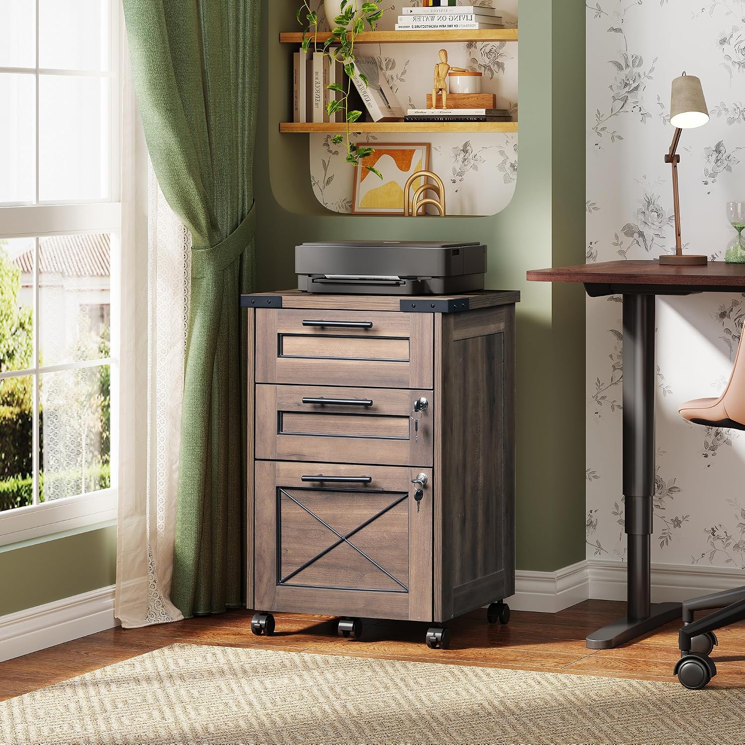 Dark Brown 3-Drawer Rolling File Cabinet
