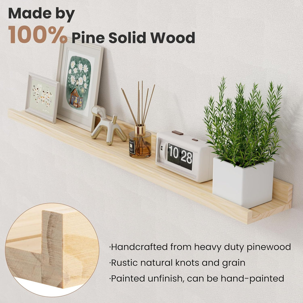 55" Natural Wood Wall Ledge Shelves