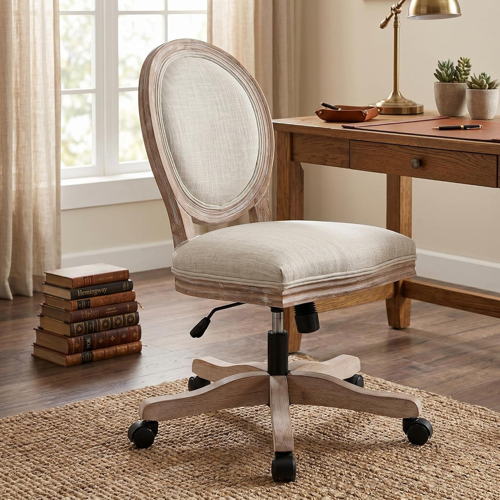 Beige Linen Wood Swivel Office Chair